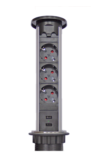 Блок розеток 105W 3 секции механический диам 60 + 2 USB влагозащита черный