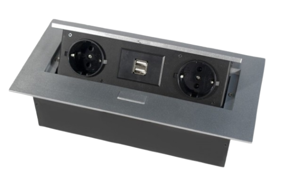 11.106.05.012 Блок розеток выдв. горизонт.2 розетки EURO 2USB max2.1A .250В,max2700Вт, серебрис.